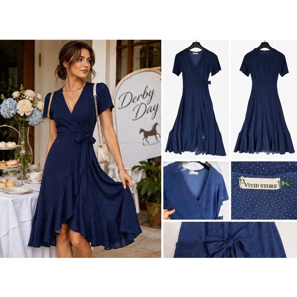Vivid Store Polka Dot Wrap Dress Women Navy‎ Blue Midi Ruffle Tea Party